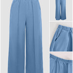 2 Pieces Outfit O-neck Long Sleeve Cinched Waist Sweatshirt and Elastic Waist Wide Leg Pants Set Casual Seam Design Sweatpants Set