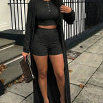 3 Pieces Outfit Sleeveless Half Button Front Crop Tank Top and High Waist Elastic Waist Shorts Set with Longline Cardigan Casual Rhinestone Decor Textured Set