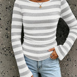 Women's Boat Neck Striped Long Flare Sleeve Ruched Knit Top