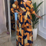 Colorblock Geometric Print V-Neck Batwing Sleeve Ruched Waist Overalls Casual Cinched Waist Wide Leg Jumpsuit