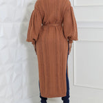 Cable Textured High Neck Lantern Sleeve Bow Tie Waist Sweater Casual High Slit Knit Longline Top