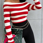 Women's Foldover Off Shoulder Striped Pullover Long Sleeve Slim Fit Knit Top