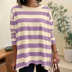 Women's Striped T Shirt Long Sleeve Drop Shoulder Crewneck Tee Side Slit Casual Loose Fit Top