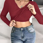 Chicme Built In Bra Notch Neck Long Sleeve Shirts Rib Knit Ruched Waist Top