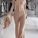 3 Pcs Outfits V Neck Long Sleeve Knit Coat with Metal Button Detail Tank Top Casual Long Pants Knit Sets