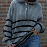 Women's Striped Henley Drawstring Hooded Sweater Loose Fit Lantern Sleeve Knit Pullover