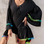 Colorblock V-Neck Bell Sleeve A Line Tassel Mini Dress Vacation Dress