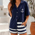 Women's 2 Piece Pajama Set Anchor Print Notched Collar Top and Striped Shorts Casual Loungewear Set