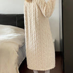 Stylish Contrast Lace V Neck Night Dress Casual Long Sleeve Weaving Knit Coral Sleepwear