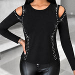 Women's Long Sleeve Top Sparkly Rhinestone Cutout Tee Slim Fit Round Neck T-Shirt