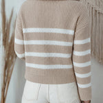 Women's Half Zip Striped Sweater Colorblock Turn-down Collar Knit Pullover Drop Shoulder Loose Fit Top