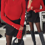 Mock Neck Long Sleeve Button Detail Tee Slim Fit Pullover Top