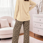 Women's Two Piece Pajamas Set Christmas Letter Print Long Sleeve Top and Leopard Pants with Pockets