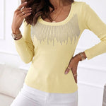 Women's Square Neck Long Sleeve Top Rhinestone Ribbed Knit Shirt Slim Fit Casual Sparkly Tee