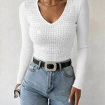 Women's V Neck Rhinestone Top Long Sleeve Ribbed Knit Tee Slim Fit Pullover Casual Base Layering Top