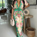 Vintage Floral Print Turn-down Collar Roll Up Sleeve Button Front Overalls Casual Drawstring Stretchy Waist Wide Leg Vacation Jumpsuit