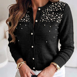 Women's Pearl Beaded Knit Cardigan Elegant Hollow Out Crop Sweater Casual Button Down Coat