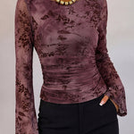 Women's Vintage Flocked Floral Boat Neck Ruched Mesh Top Long Flare Sleeve Crop Pullover
