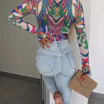 Women's Vintage Abstract Print Sheer Mesh Top Long Sleeve Slim Fit Tee with Thumb Holes