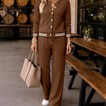 Women's 2 Piece Cable Knit Tracksuit Baseball Collar Crop Coat and High Waist Pants Set