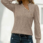 Button Decor Asymmetrical V-Neck Long Sleeve Ribbed Tee Casual Knit Brushed Top