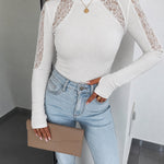 Women's Mock Neck Lace Patchwork Long Sleeve Ribbed Knit Top with Thumb Holes