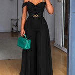 Women's Pearls Decor Adjustable Straps Cold Shoulder Overalls Cowl Neck High Waist Jumpsuit with Belt