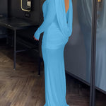Cowl Neck Ruched Zipper Back Slim Fit Maxi Dress Casual Padded Shoulders Backless Evening Dress