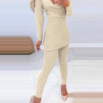 Women's Ribbed Knit Two-Piece Set Heart Chain OverlapV-Neck Side Slit Long Sleeve Top and Fitted Pants