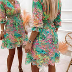 Women's Oil Painting Floral Chiffon Dress V Neck Three Quarters Sleeve Shirred High Waist Ruffle Hem A Line Dress
