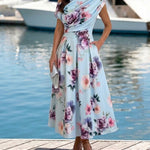 Women's Skew Neck Midi Dress Elegant Ruched Floral A-Line Dress High Waisted Vacation Dress with Pockets