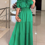 Off Shoulder Short Sleeve Frill Hem Lace Up Dress Casual Strechy Waist Flared Maxi Dress