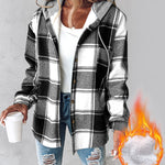 Plaid Pattern Long Sleeve Shacket Button Down Fleece Lined Hooded Jackets Warm Coat
