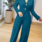 Notched Collar Long Sleeve Button Front Jumpsuit Casual Cinched Waist Wide Leg Faux Two Piece Jumpsuit