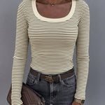 Women's Striped U-Neck Long Sleeve Slim Fit Ribbed Knit Top Casual Layering Top