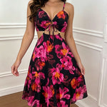 Women's Vintage Floral Print Mini Dress Sexy Sweetheart Neck Cut Out Sundress Backless Ruched A-Line Vacation Dress