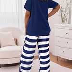 2 Pieces Outfit Anchor Pattern Short Sleeve Top and Striped Elastic Waist Pants Set Casual Pajamas Set