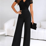 Women's French Lace Patchwork Jumpsuit Elegant Overlap V Neck High Waist Straight Leg Overalls with Pockets