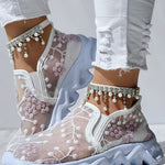 Floral Pattern Sheer Mesh Patch Round Toe Sneakers