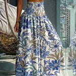 Vintage Floral Print High Waist Shirred Elastic Waist Wide Leg Pants