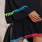 Colorblock V-Neck Bell Sleeve A Line Tassel Mini Dress Vacation Dress