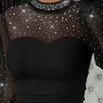 Rhinestone Decor Mock Neck Lantern Sleeve Sheer Mesh Spliced Tee Hollow-out Back Slim Fit Top