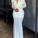 Cowl Neck Ruched Zipper Back Slim Fit Maxi Dress Casual Padded Shoulders Backless Evening Dress