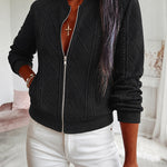 Women's Vintage Cable Knit Bomber Jacket Casual Argyle Zip Up Crop Coat with Pockets