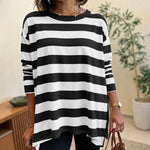 Women's Striped T Shirt Long Sleeve Drop Shoulder Crewneck Tee Side Slit Casual Loose Fit Top