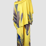 2 Pieces Outfit Plants Print Cold Shoulder Batwing Sleeve Top and Casual Wide Leg Pants Set