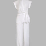 2 Pieces Outfit Turn-down Collar Cap Sleeve Button Front Tied Detail Top and Casual Zipper Fly Elastic Back Waist Wide-Leg Pants Set
