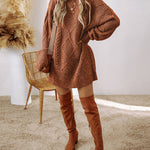 Round Neck Long Sleeve Drop Shoulder Pullover Sweater Casual Loose Fit Cable Knit Mid Length Sweater