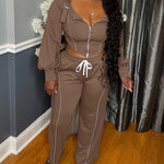 2 Pieces Outfit Trendy Long Sleeve Cold Shoulder Top and Drawstring Waist Pants with Pockets