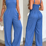 V-Neck Adjustable Thick Straps Denim Overalls Casual Shirred Back Wide Leg Suspender Jumpsuit